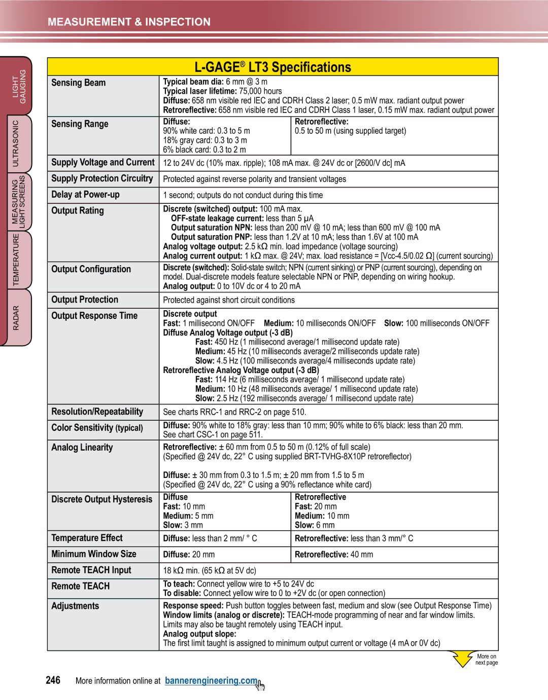 Banner L-GAGE manual GAGELT3 Specifications 