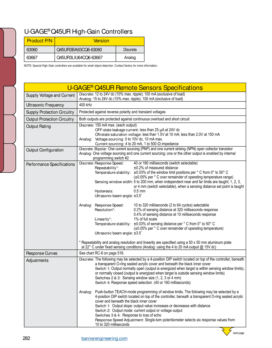 Banner L-GAGE manual GAGEQ45UR High-Gain Controllers, GAGEQ45UR Remote Sensors Specifications, Product P/N Version 