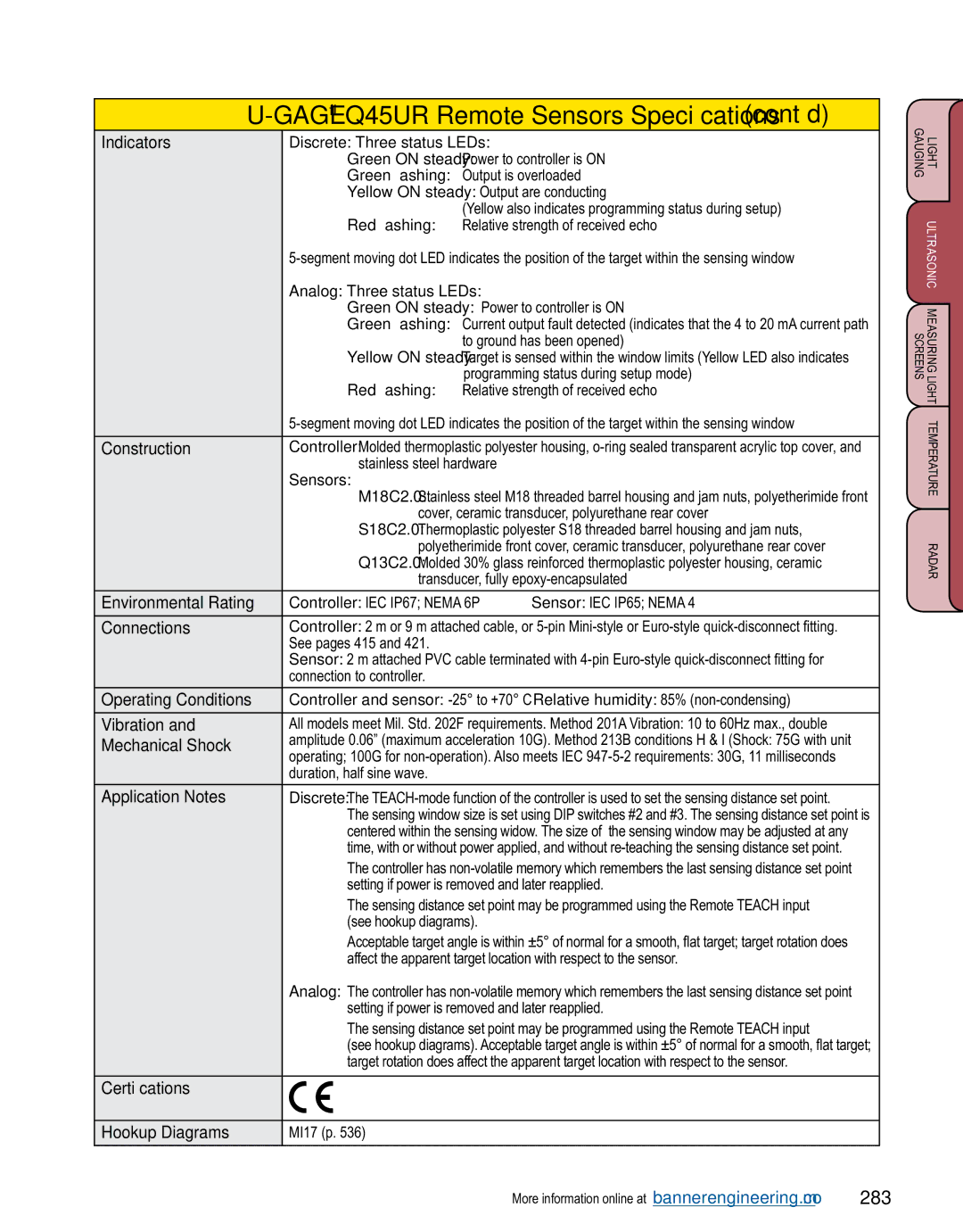 Banner L-GAGE manual GAGEQ45UR Remote Sensors Specifications cont’d, 283, Green flashing, Red flashing 