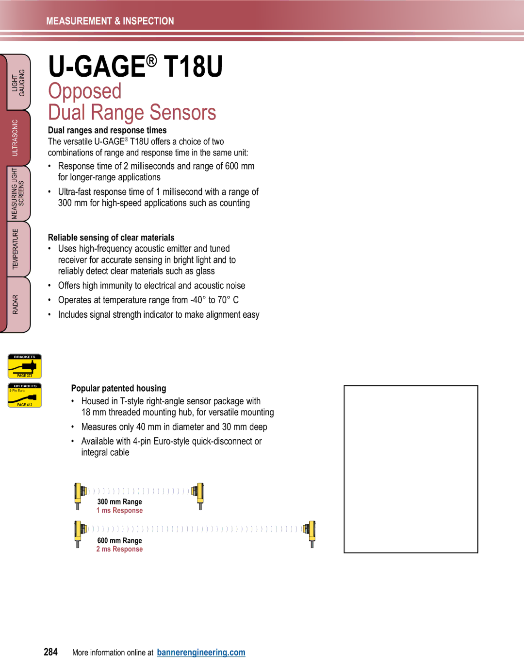 Banner L-GAGE GAGET18U, Opposed Dual Range Sensors, Dual ranges and response times, Reliable sensing of clear materials 