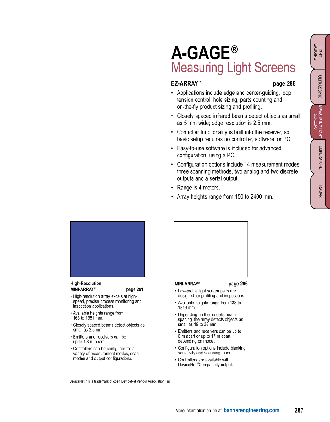 Banner L-GAGE manual Measuring Light Screens, 287 