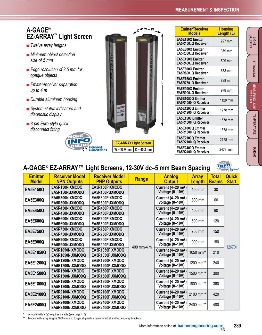 Banner L-GAGE manual GAGEEZ-ARRAYLight Screen, EZ-ARRAY Light Screens, 12-30V dc-5 mm Beam Spacing 