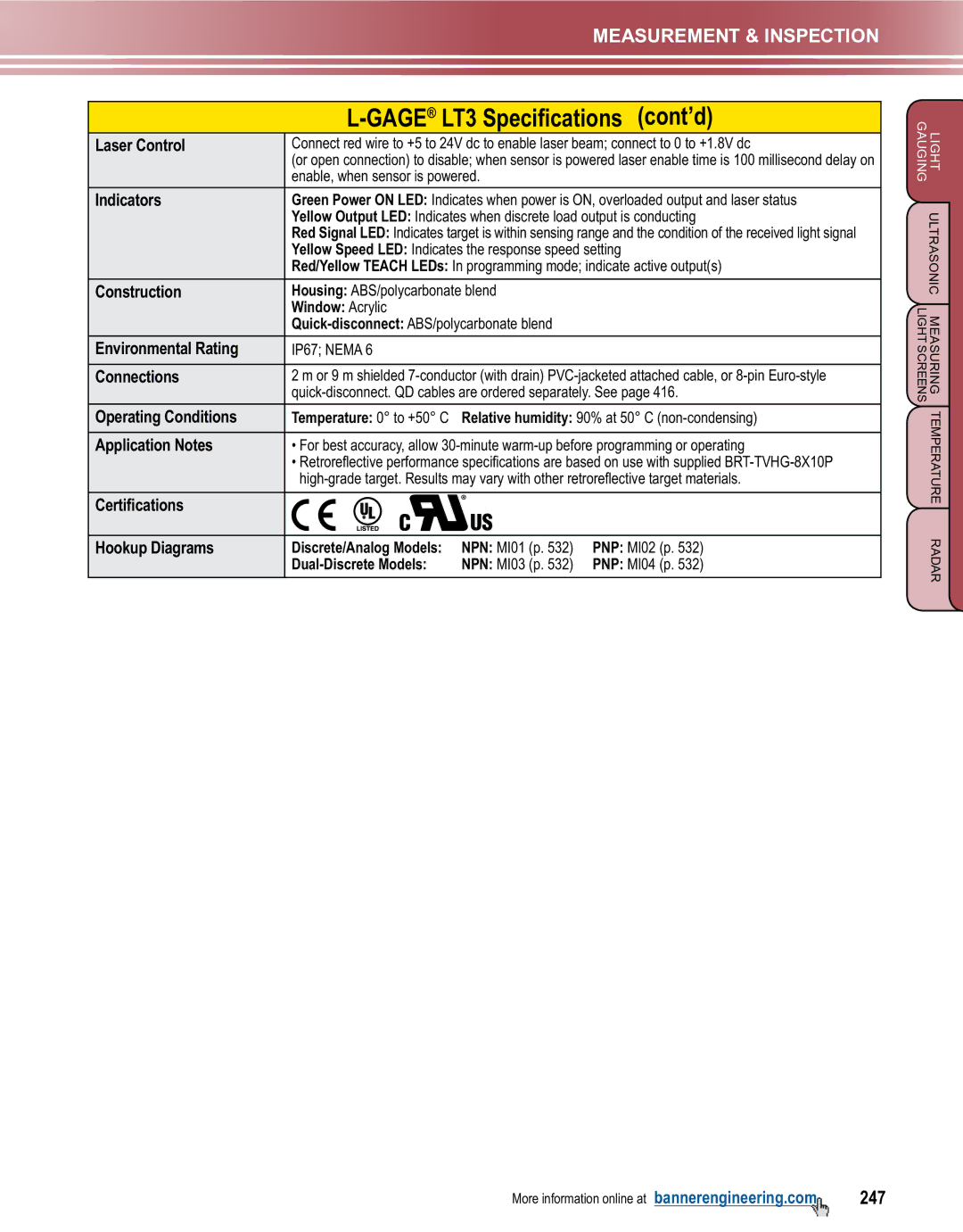 Banner L-GAGE manual GAGELT3 Specifications cont’d, 247 