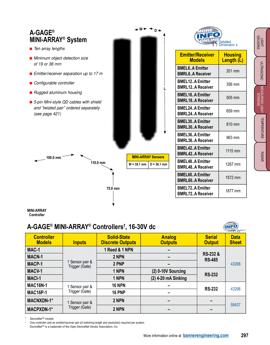 Banner L-GAGE manual GAGEMINI-ARRAYControllers†, 16-30V dc, MAC16N-1, MAC16P-1, 297 