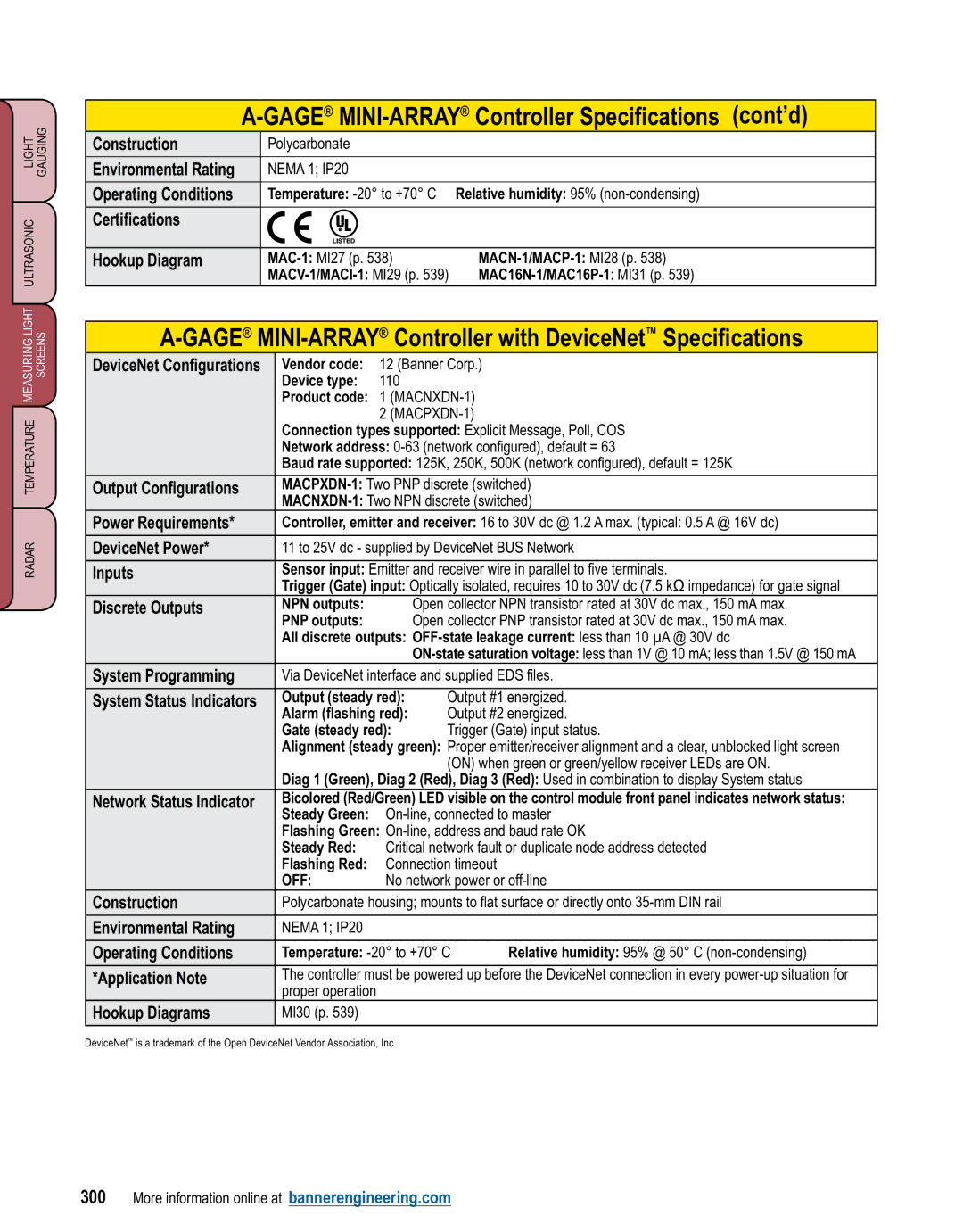 Banner L-GAGE Gage MINI-ARRAY Controller Specifications cont’d, Gage MINI-ARRAY Controller with DeviceNet Specifications 