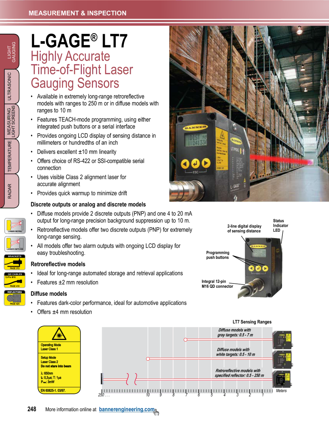 Banner L-GAGE manual GAGELT7, Highly Accurate Time-of-Flight Laser Gauging Sensors, Retroreflective models, Diffuse models 