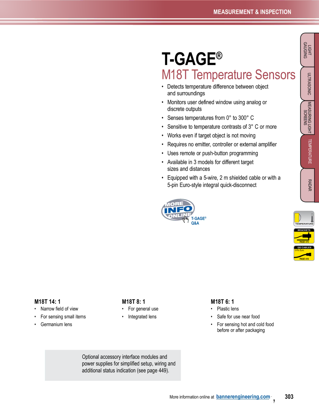 Banner L-GAGE manual M18T Temperature Sensors, M18T 14 M18T 8 M18T 6, 303 