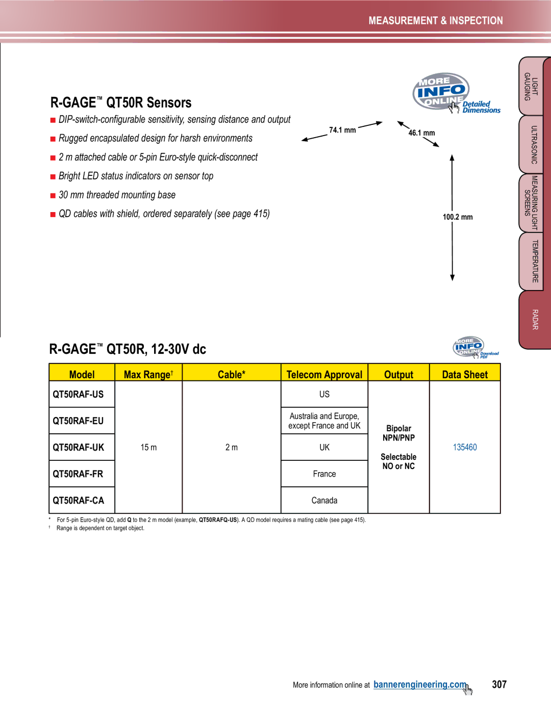 Banner L-GAGE manual Gage QT50R, 12-30V dc, Model Max Range † Cable Telecom Approval Output Data Sheet, 307 