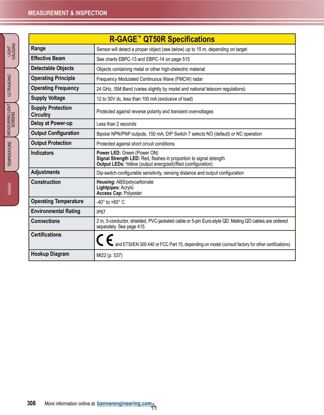 Banner L-GAGE manual Gage QT50R Specifications 