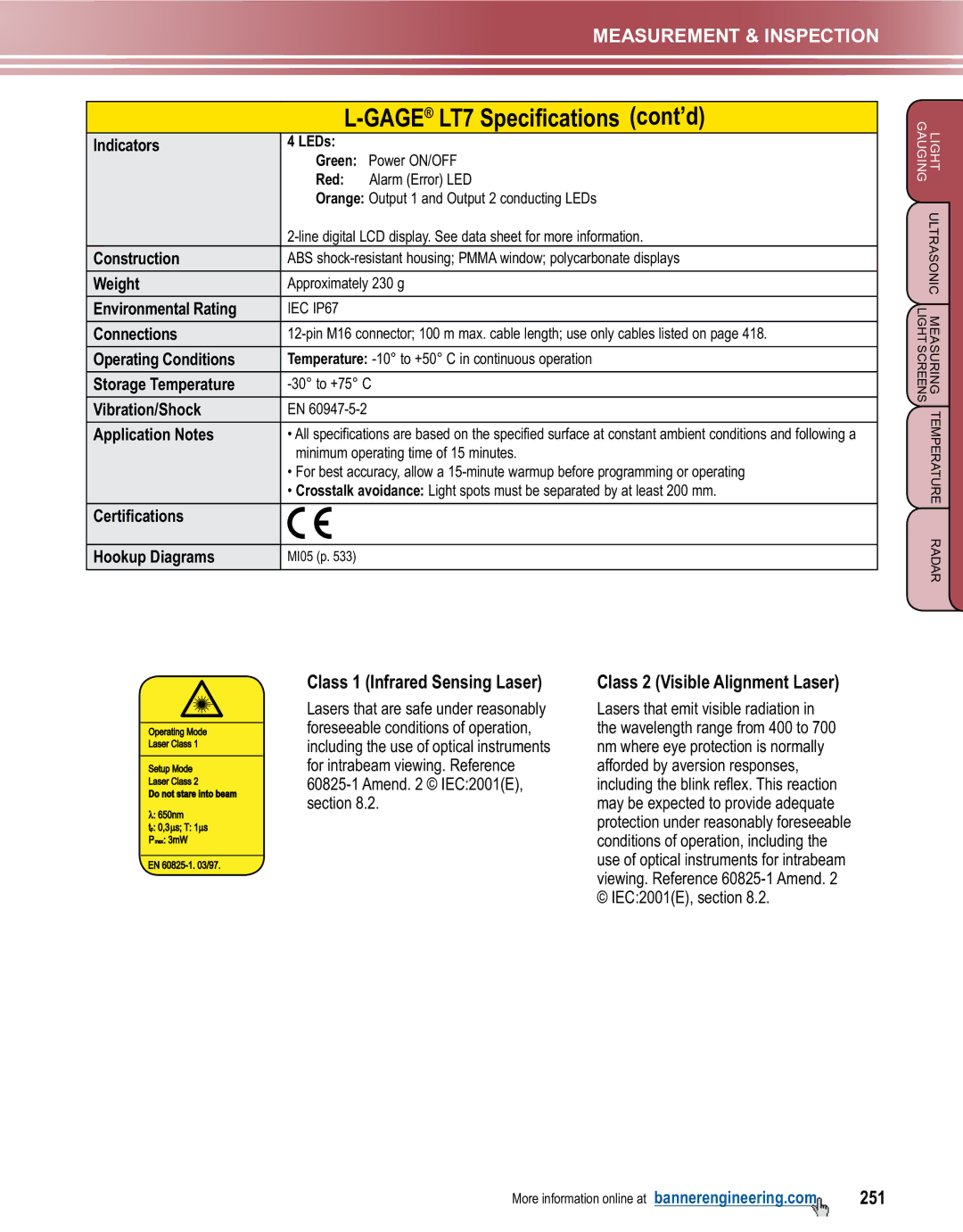 Banner L-GAGE manual GAGELT7 Specifications cont’d, Class 1 Infrared Sensing Laser, Class 2 Visible Alignment Laser, 251 