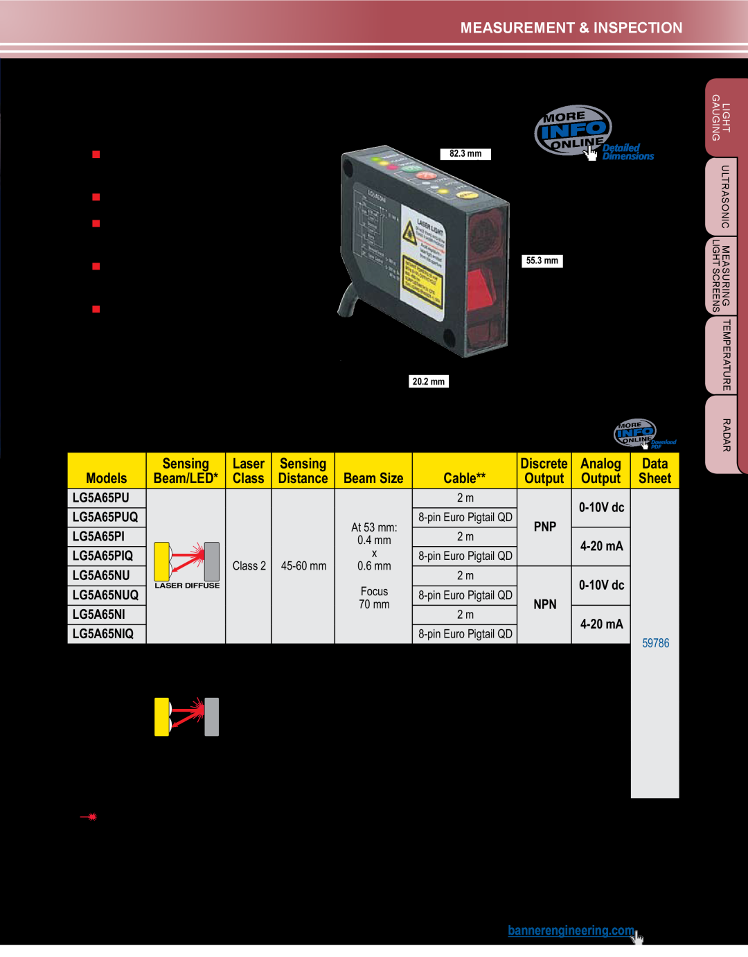 Banner L-GAGE LG Sensors, L-GAGE LG5, 12-30V dc, Push-button setup or remote configuration, Measurement & Inspection 