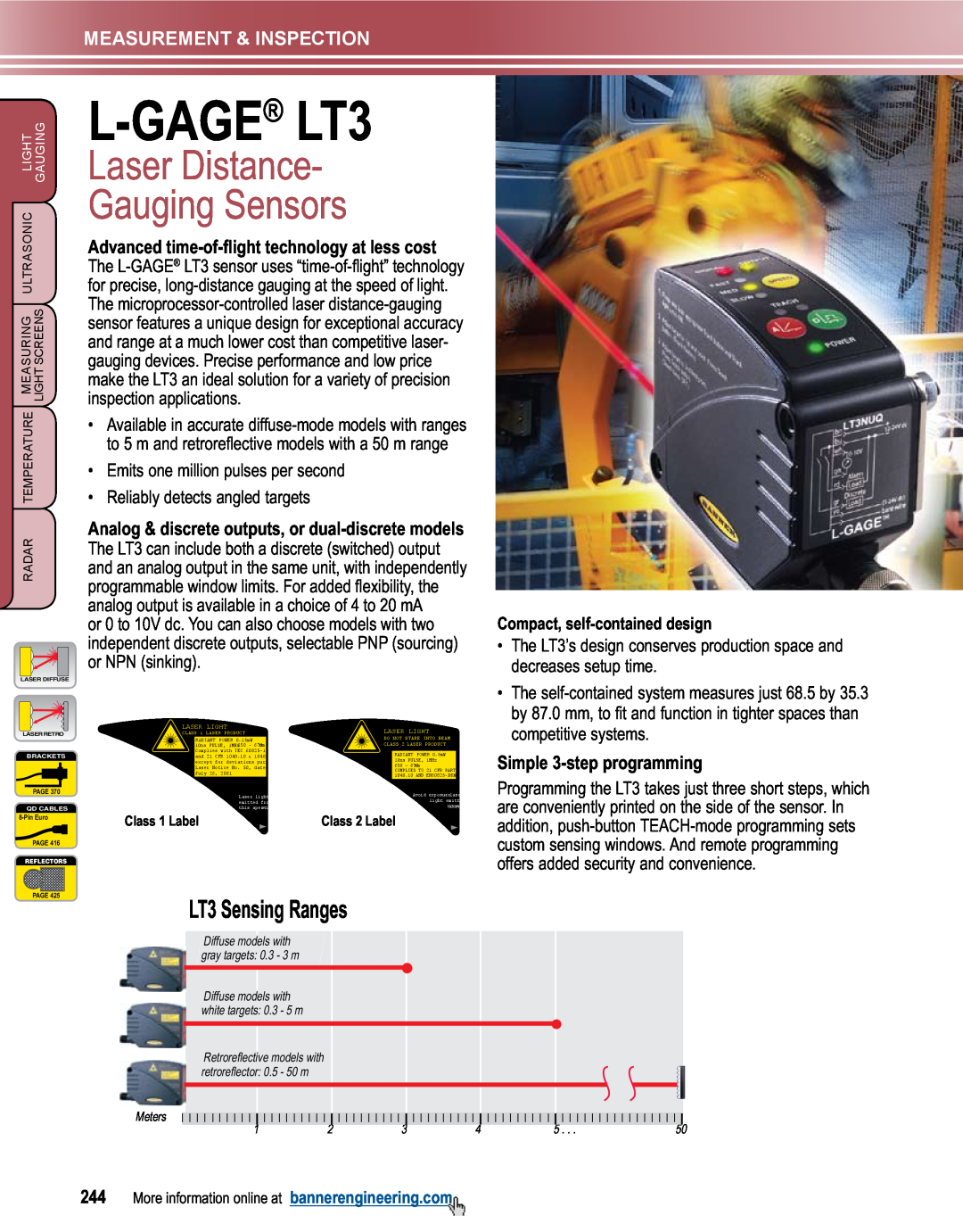 Banner manual L-GAGE LT3, Laser Distance Gauging Sensors, LT3 Sensing Ranges, Measurement & Inspection 