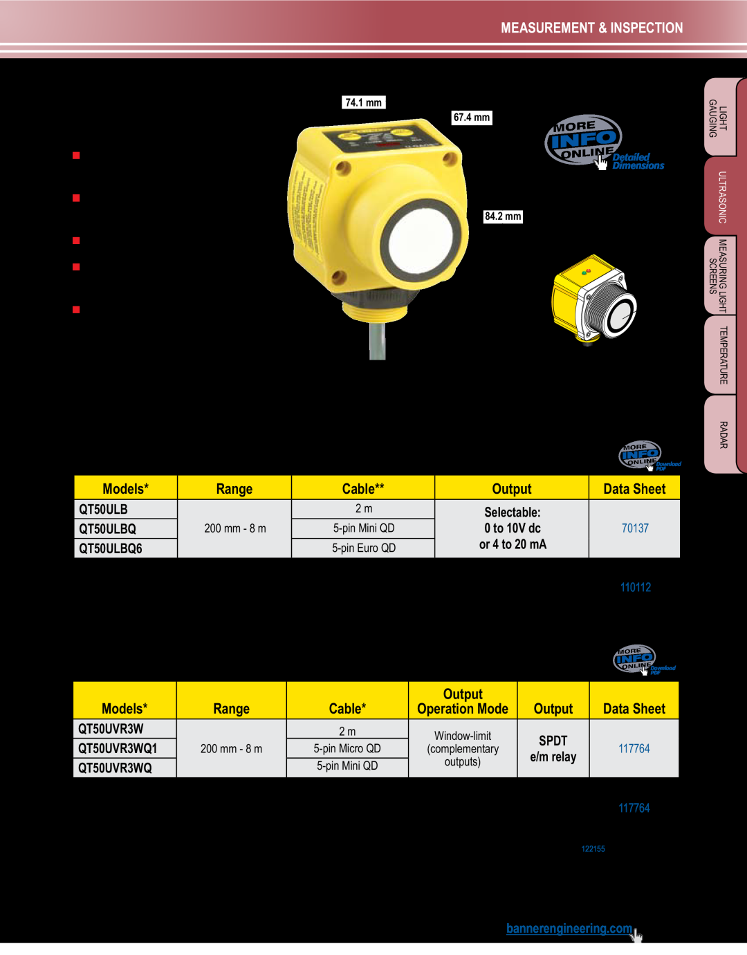 Banner L-GAGE manual U-GAGE QT50U Sensors, U-GAGE QT50U, 10-30V dc, U-GAGE QT50U Universal Voltage, 85-264V ac/24-250V dc 