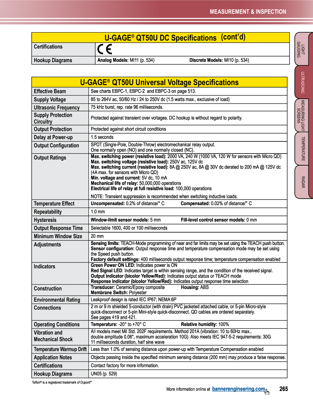 Banner L-GAGE manual U-GAGE QT50U DC Specifications cont’d, U-GAGE QT50U Universal Voltage Specifications 