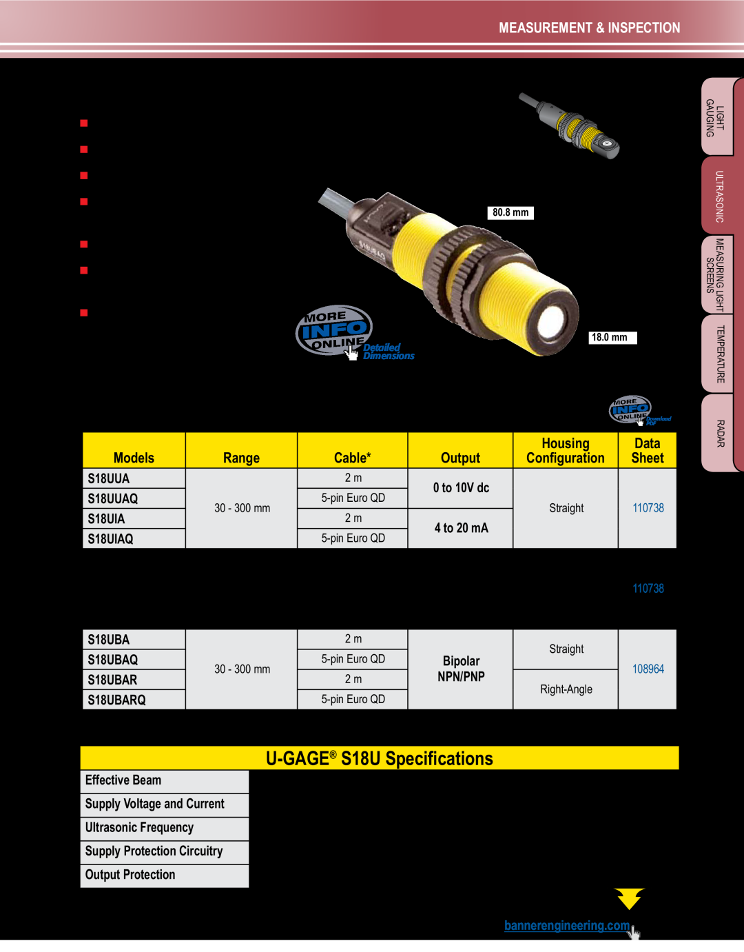 Banner L-GAGE manual U-GAGE S18U Sensors, U-GAGE S18U, 10-30V dc, U-GAGE S18U Specifications, mm threaded barrel housing 