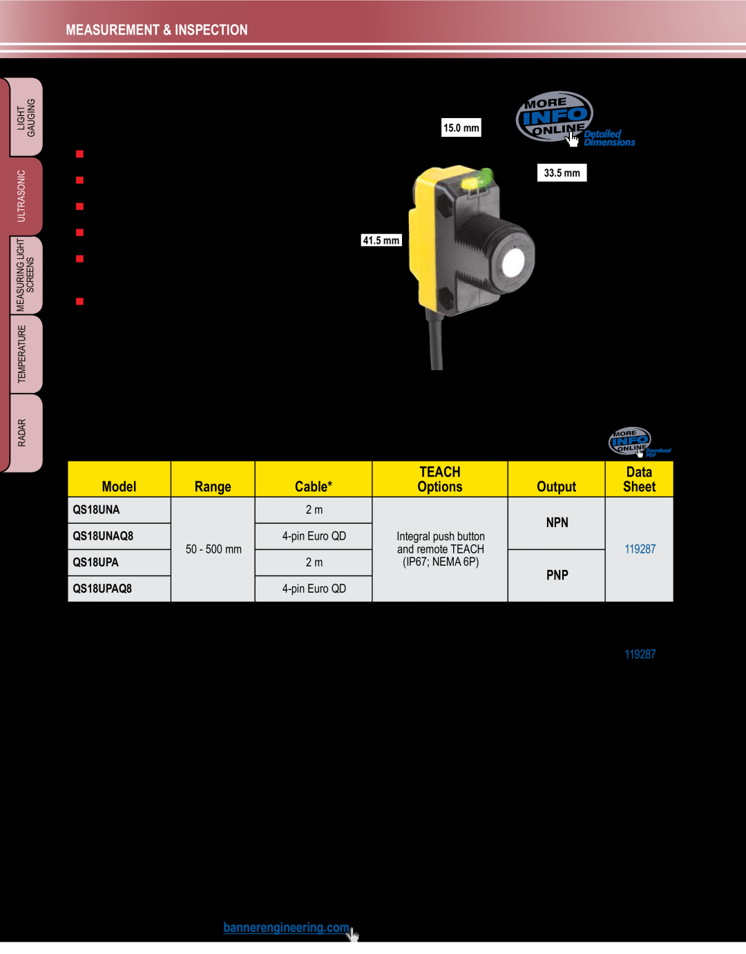 Banner L-GAGE manual WORLD-BEAM QS18U Sensors, WORLD-BEAM QS18U, 12-30V dc, Measurement & Inspection 