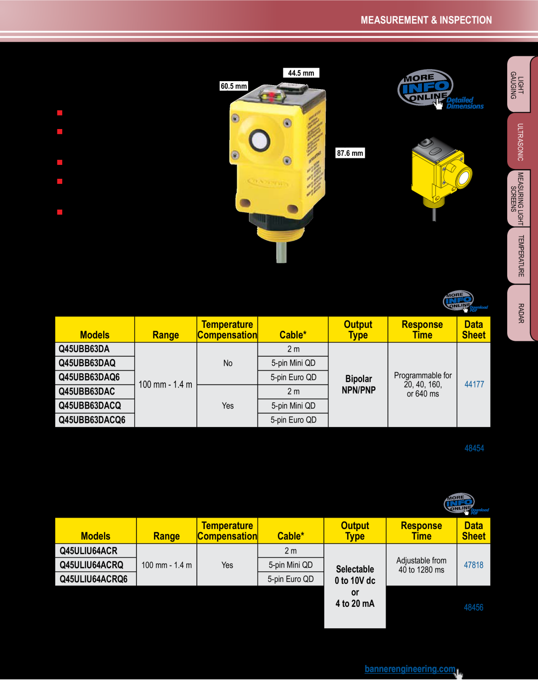 Banner L-GAGE manual U-GAGE Q45U Sensors, Q45U Discrete Output, 12-24V dc, U-GAGE Q45U Analog Output, 15-24V dc, U-Gage 