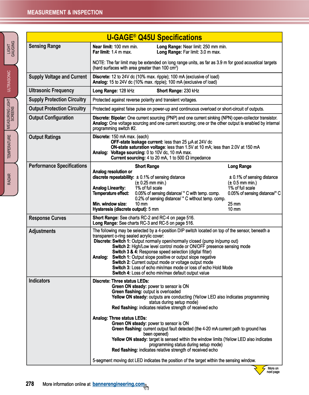 Banner L-GAGE manual U-GAGE Q45U Specifications, Measurement & Inspection 