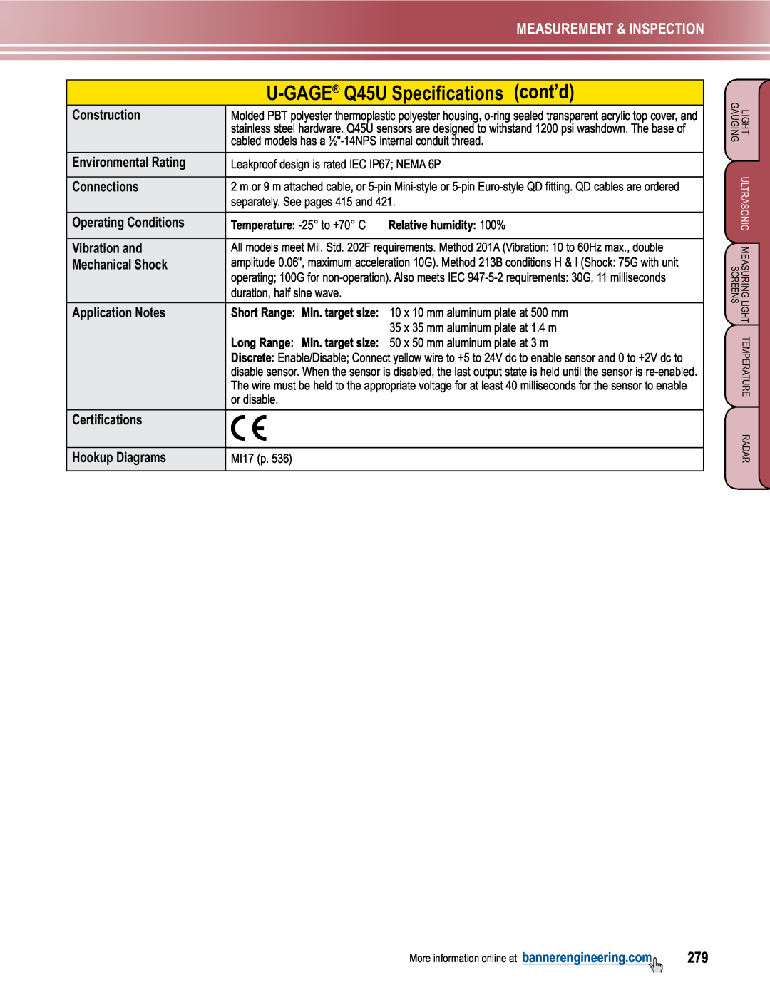 Banner L-GAGE manual U-GAGE Q45U Specifications cont’d, Measurement & Inspection 