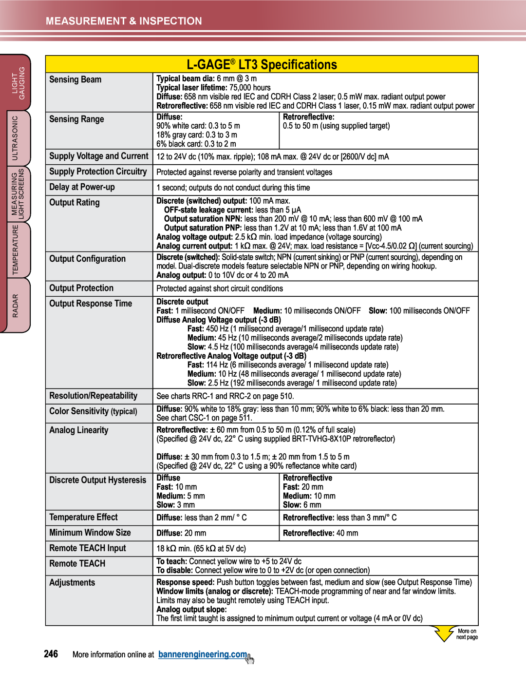 Banner manual L-GAGE LT3 Specifications, Measurement & Inspection 