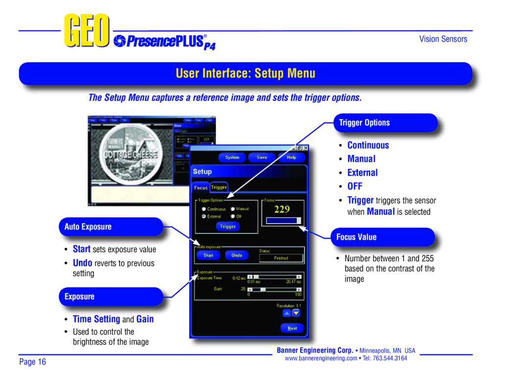 Banner P4 manual User Interface Setup Menu, Time Setting and Gain, Continuous Manual External 