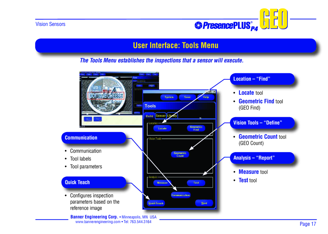 Banner P4 manual User Interface Tools Menu, Locate tool, Measure tool Test tool 