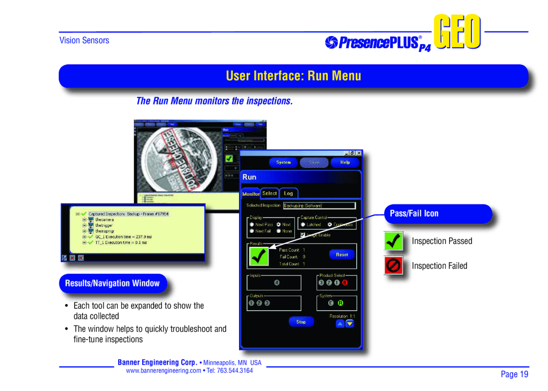 Banner P4 manual User Interface Run Menu, Results/Navigation Window, Pass/Fail Icon 