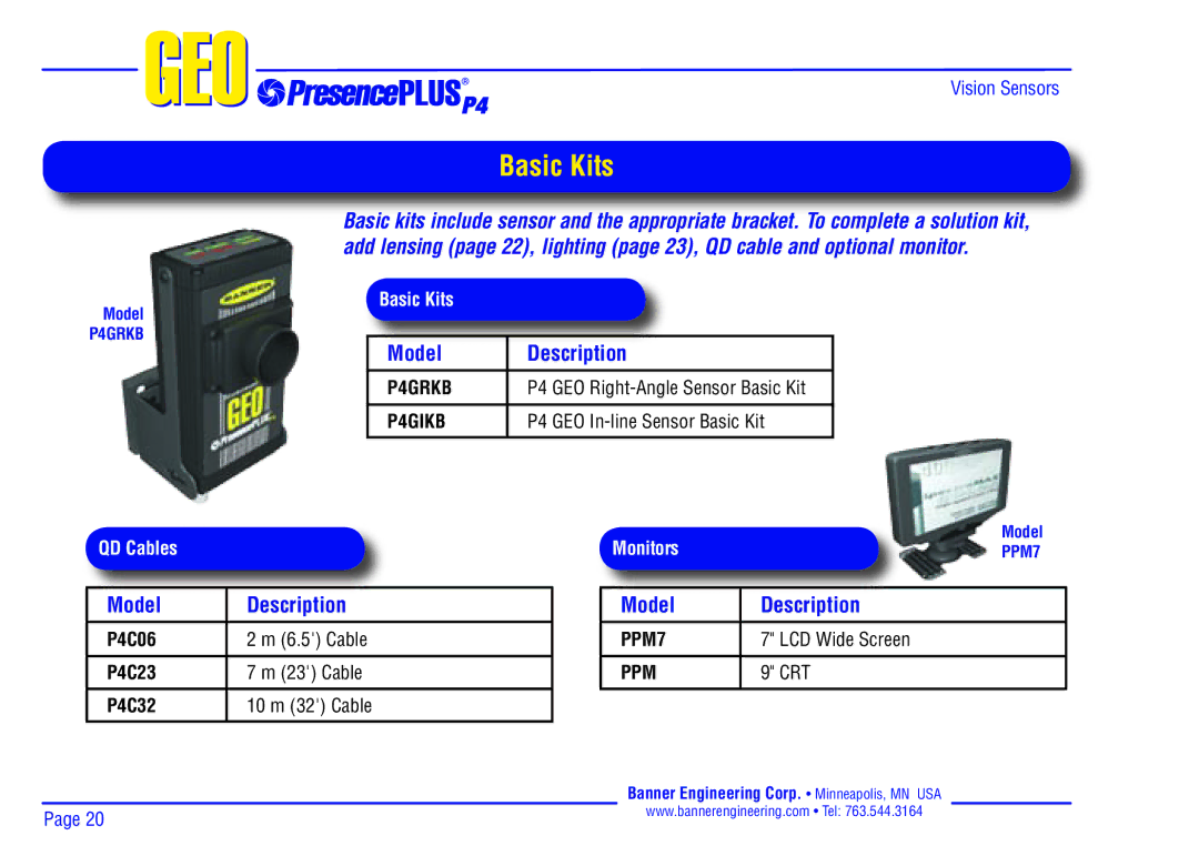 Banner P4 manual Basic Kits, Model Description, QD Cables, Monitors 