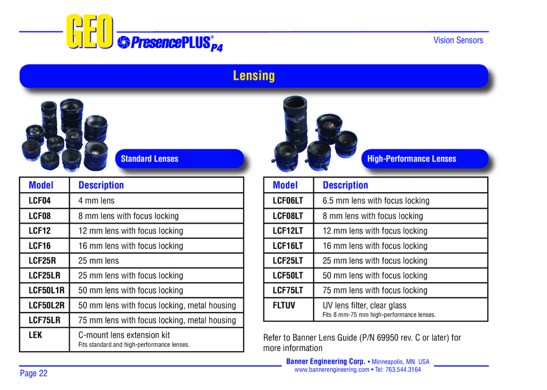 Banner P4 manual Lensing, Standard LensesHigh-Performance Lenses 