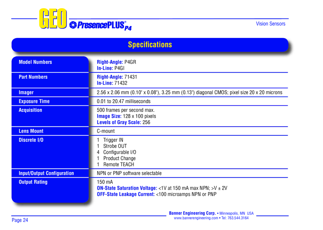 Banner P4 manual Speciﬁcations, Model Numbers, Part Numbers, Imager Exposure Time Acquisition Lens Mount Discrete I/O 