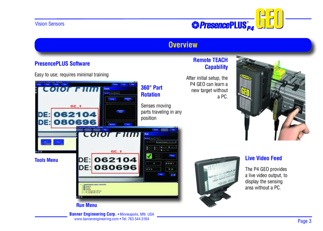 Banner P4 manual PresencePLUS Software, Remote Teach, Capability, Part, Rotation, Live Video Feed 