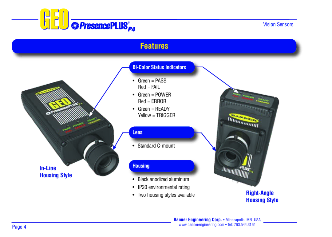 Banner P4 manual Features, Bi-Color Status Indicators, Lens, Housing 