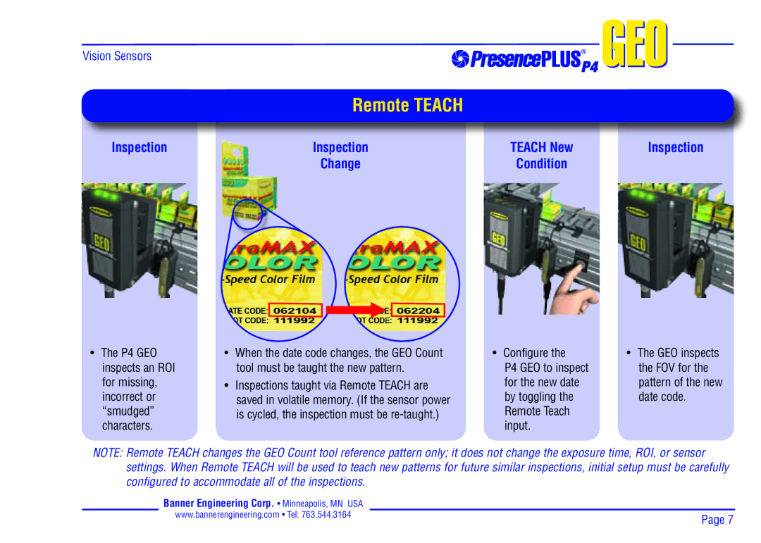 Banner P4 manual Remote Teach, Inspection 