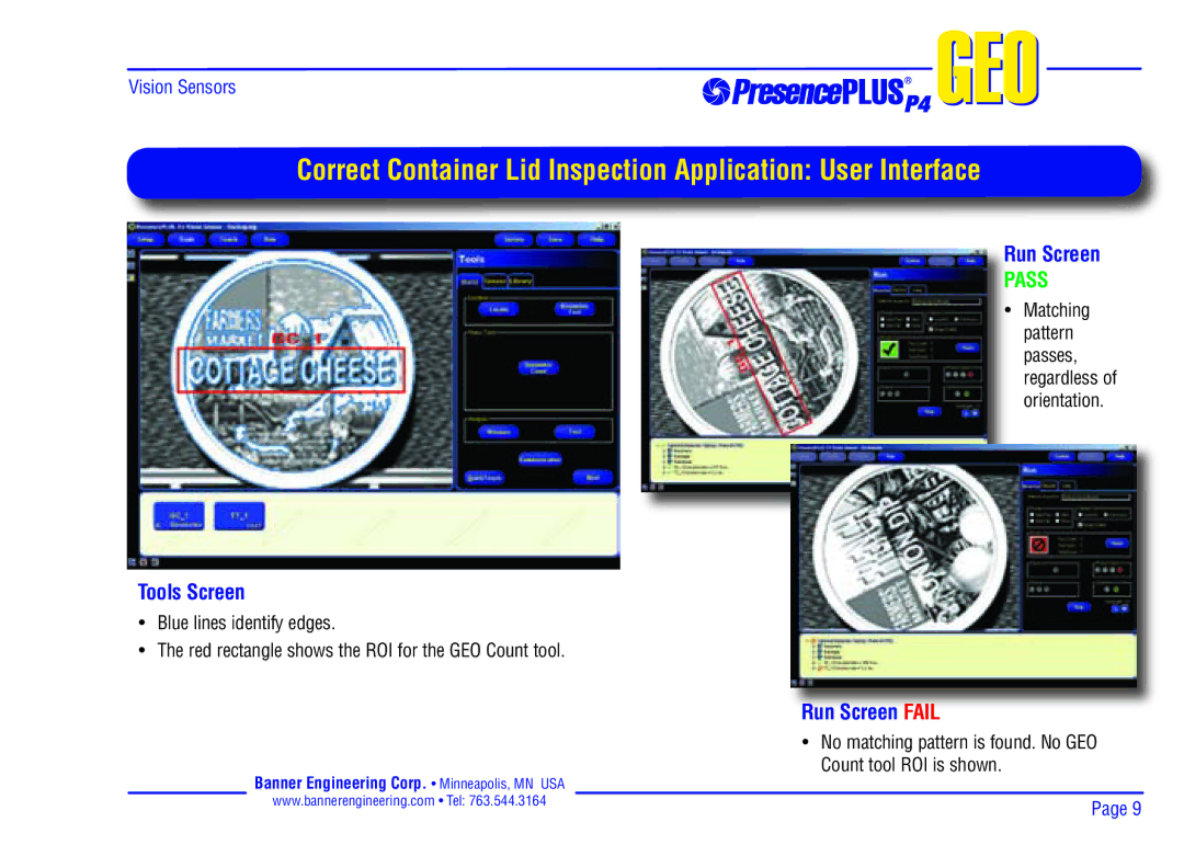 Banner P4 manual Correct Container Lid Inspection Application User Interface, Tools Screen, Run Screen Fail 