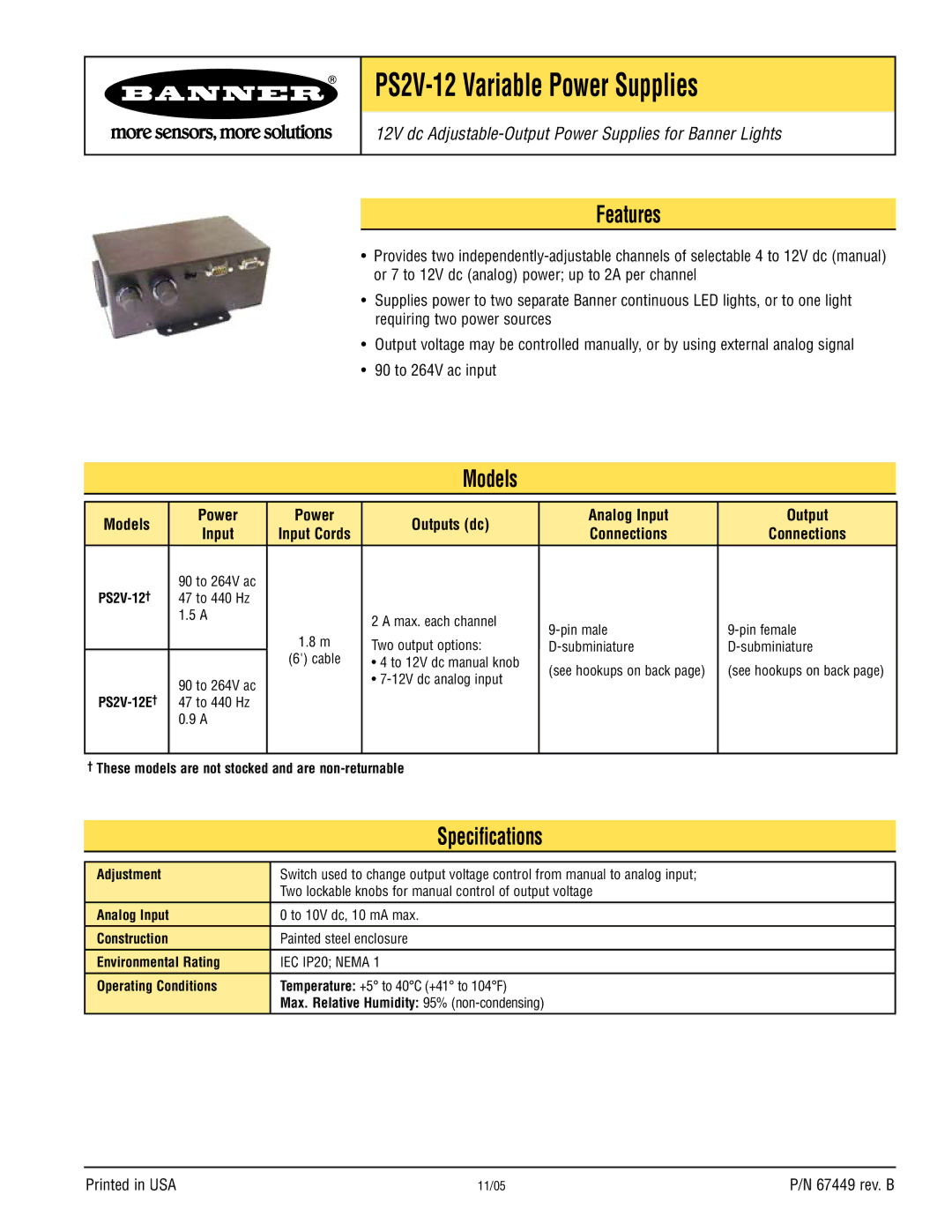 Banner PS2V-12 specifications Features, Models, Specifications 