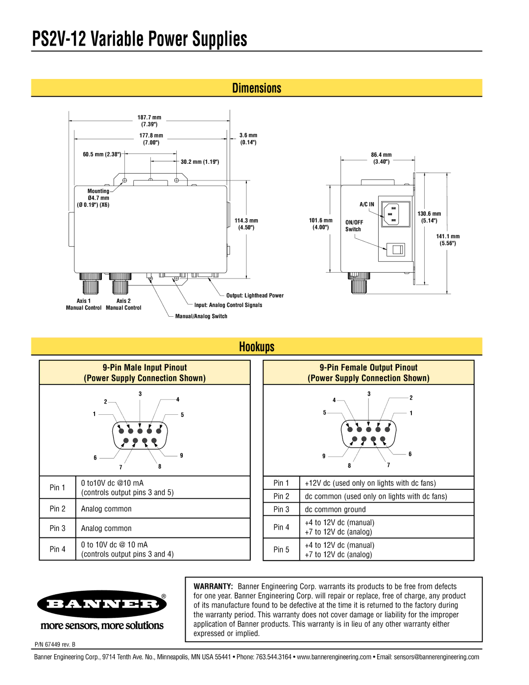 Banner PS2V-12 specifications Dimensions, Hookups, Pin Male Input Pinout Power Supply Connection Shown 