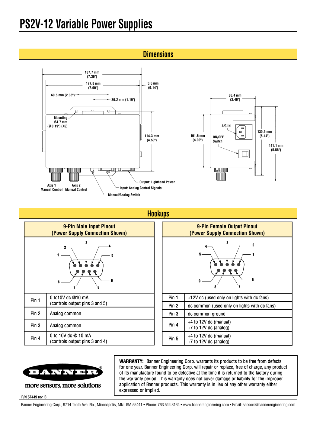 Banner Dimensions, Hookups, Pin Male Input Pinout Power Supply Connection Shown, PS2V-12 Variable Power Supplies 