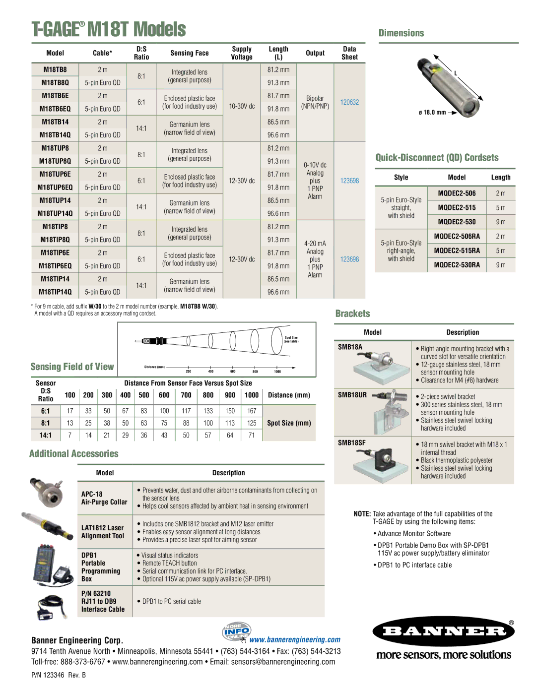 Banner T-GAGE M18T manual Dimensions, Quick-Disconnect QD Cordsets, Brackets, Additional Accessories 