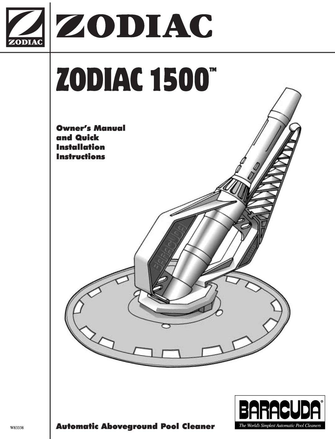 Baracoda 1500 owner manual Zodiac, Owner’s Manual and Quick Installation Instructions 