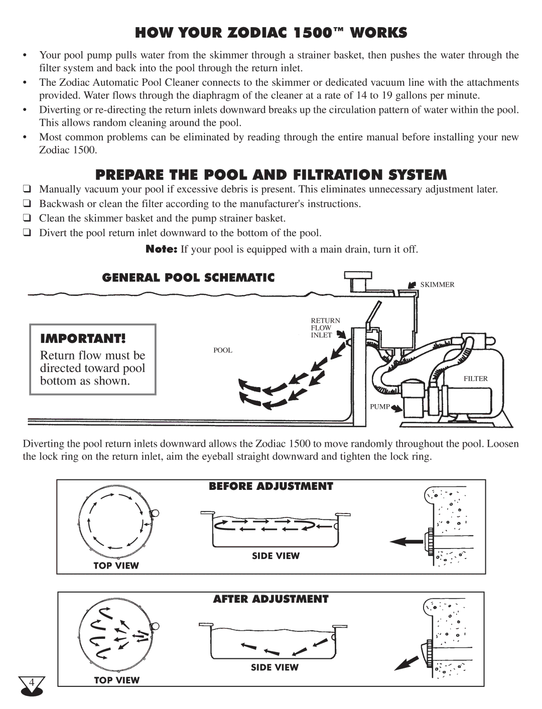 Baracoda HOW Your Zodiac 1500 Works, Prepare the Pool and Filtration System, Before Adjustment, After Adjustment 