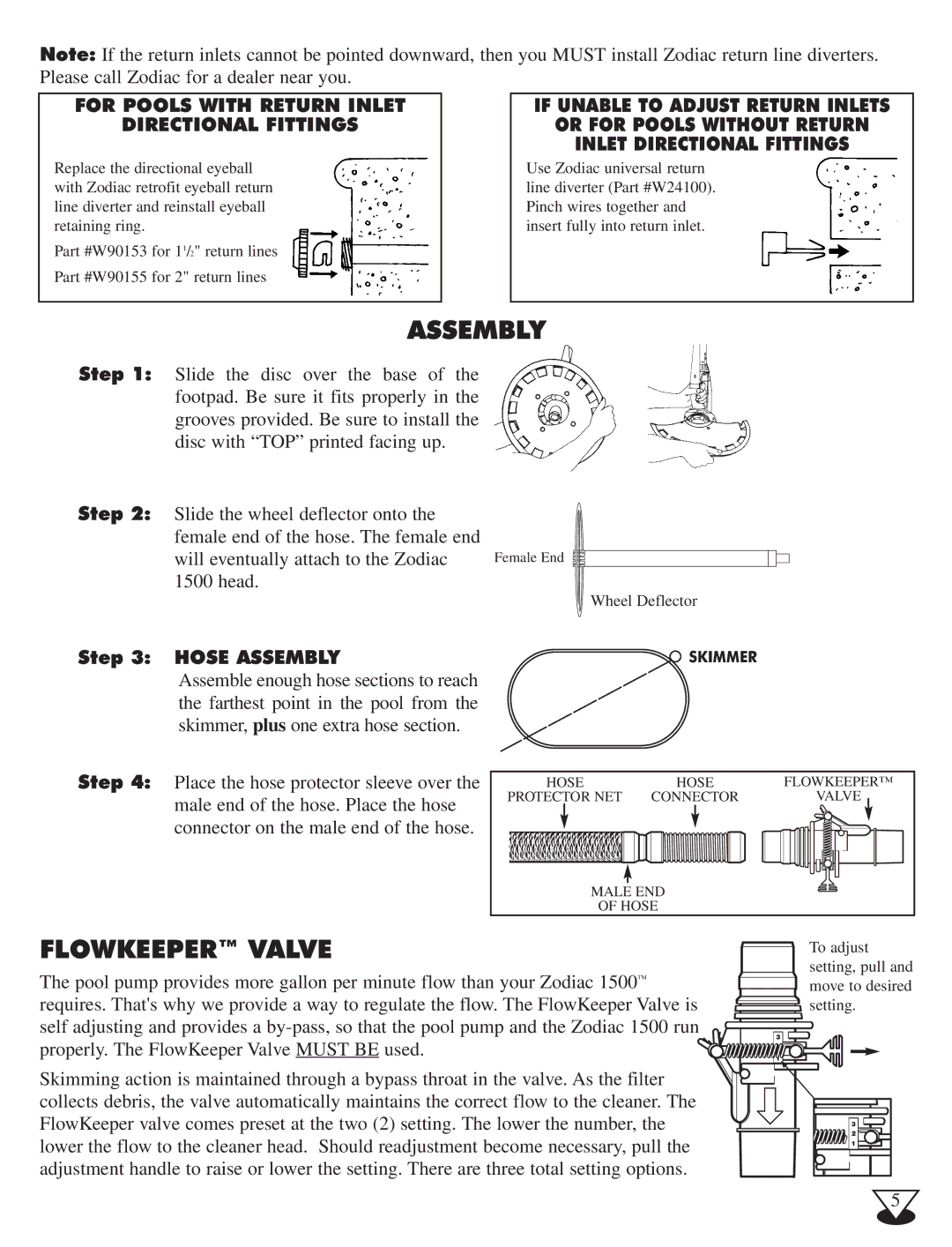 Baracoda 1500 owner manual Assembly, Flowkeeper Valve, For Pools with Return Inlet Directional Fittings 