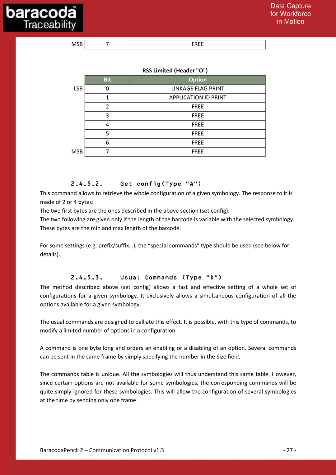 Baracoda 2 manual Get configType a, Usual Commands Type D, MSB Free 