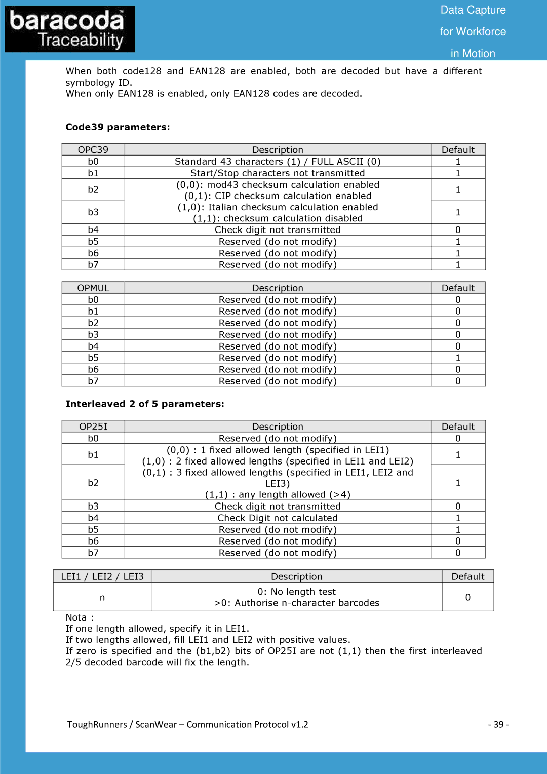 Baracoda All in One Printer manual Code39 parameters 