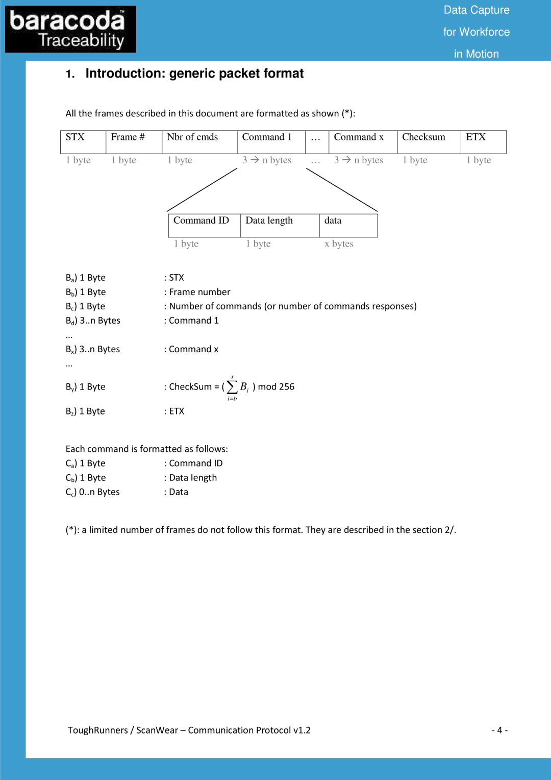 Baracoda All in One Printer manual Introduction generic packet format, Etx 