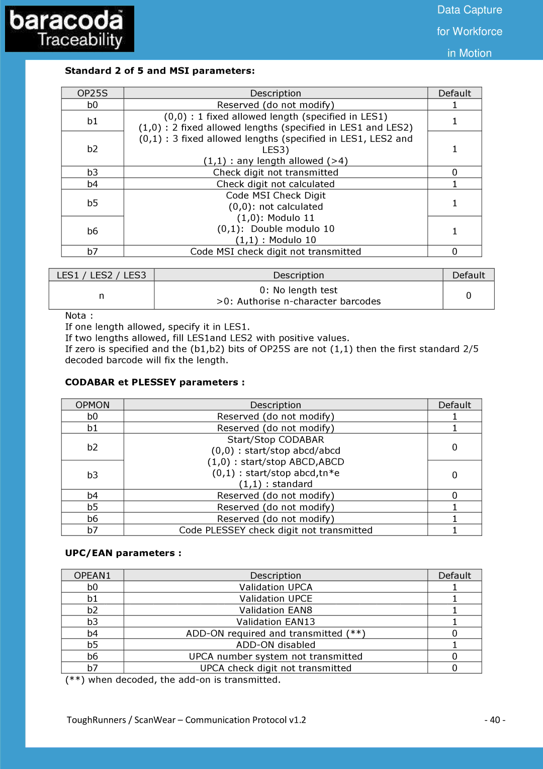 Baracoda All in One Printer manual Standard 2 of 5 and MSI parameters 