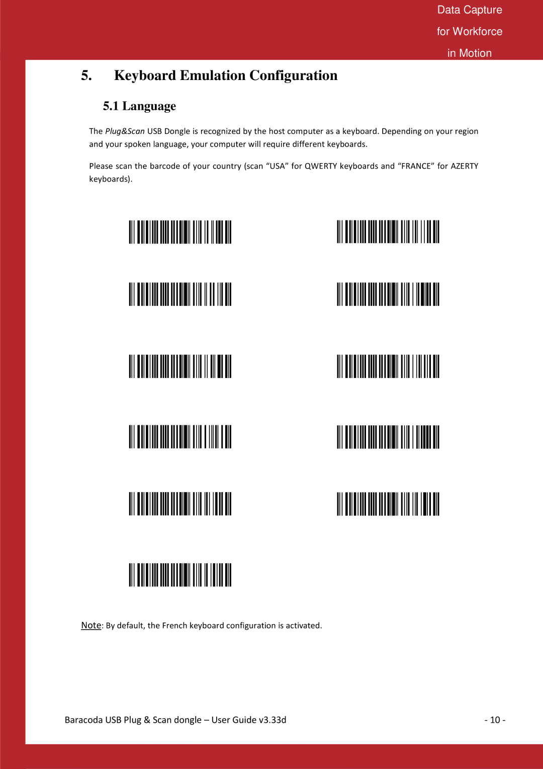 Baracoda B40050301 manual Keyboard Emulation Configuration, Language 