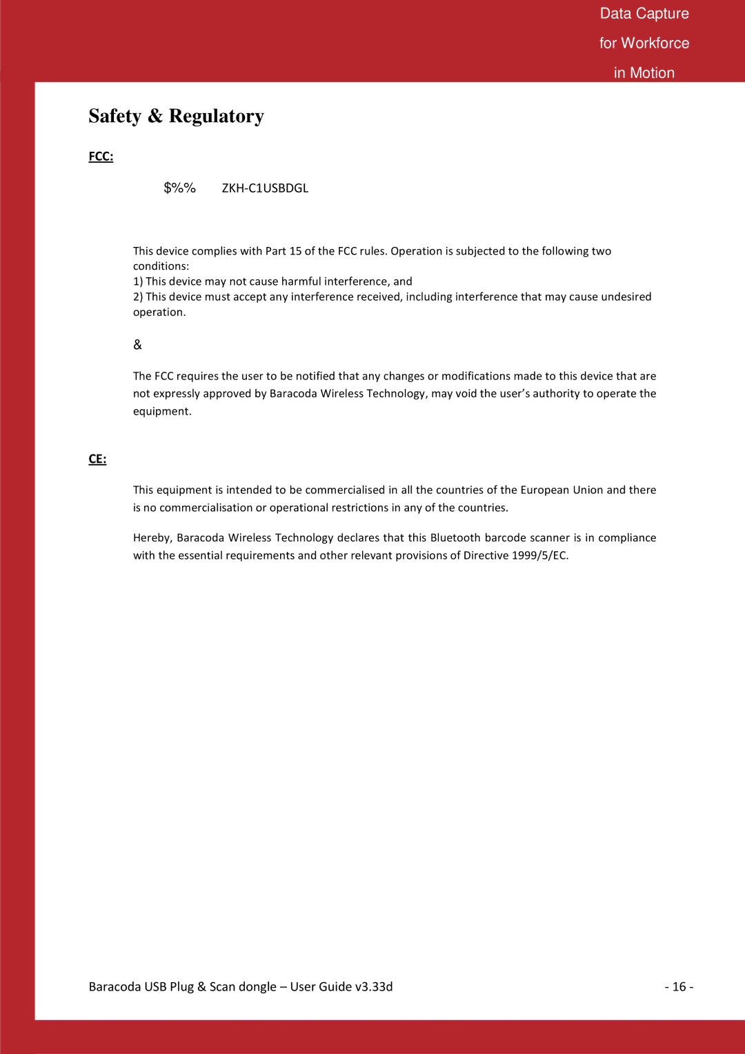 Baracoda B40050301 manual Safety & Regulatory, Product FCC Id ZKH-C1USBDGL Interference statement, Modification statement 