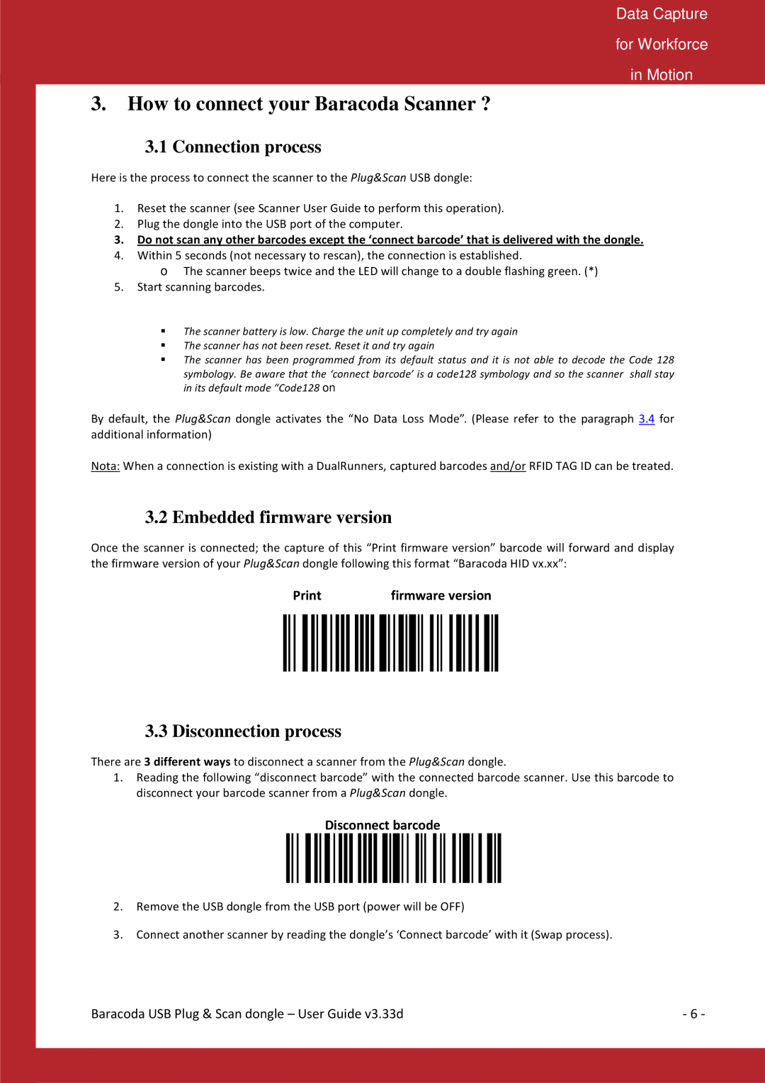 Baracoda B40050301 manual How to connect your Baracoda Scanner ?, Connection process, Embedded firmware version 