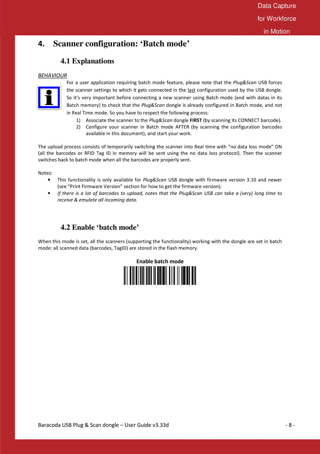 Baracoda B40050301 manual Scanner configur ation ‘Batch mode’, Explanations, Enable ‘batch mode’ 