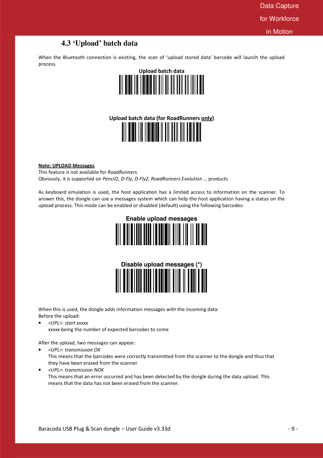 Baracoda B40050301 manual ‘Upload’ batch data, Upload batch data Upload batch data for RoadRunners only 